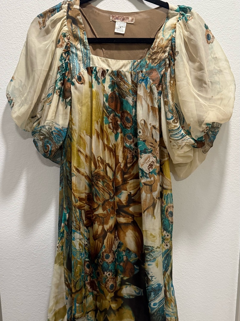 Boho Floral Puff-Sleeve Tunic Top in Teal, Brown & Cream Whimsy